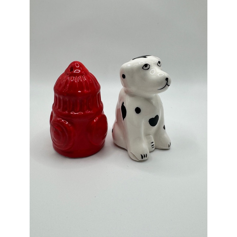 Dalmatian Dog and Fire Hydrant Ceramic Salt and Pepper Shaker Set Red White